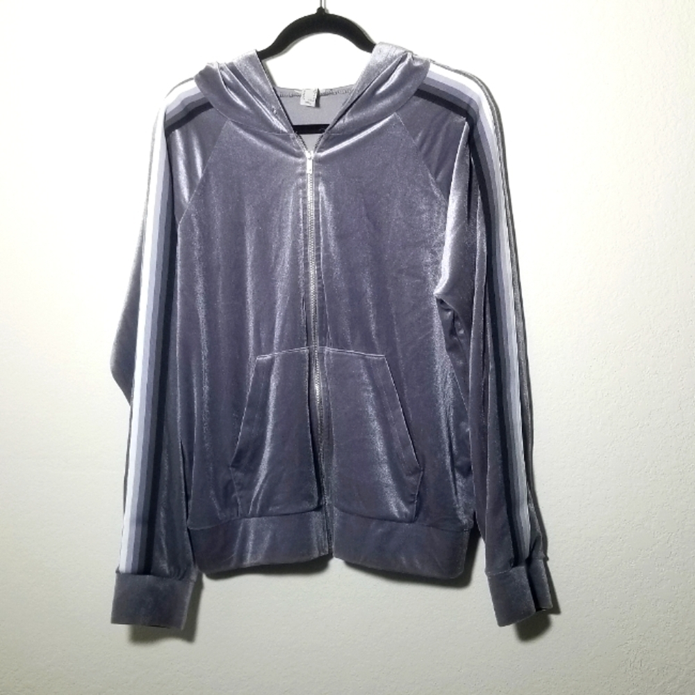 Velvet Zip-Up Hoodie with Stripes